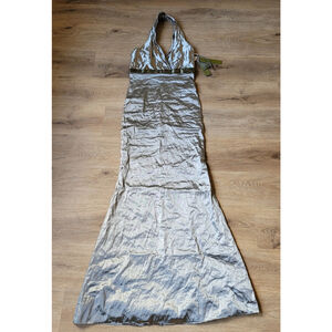 NICOLE MILLER $730 HALTER NECK EMBELLISHED TECHNO METALLIC GOWN MAXI DRESS SZ 8